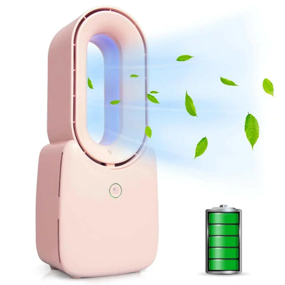 Compact bladeless pink small tower fan with quiet airflow and battery icon indicating portable wireless power
