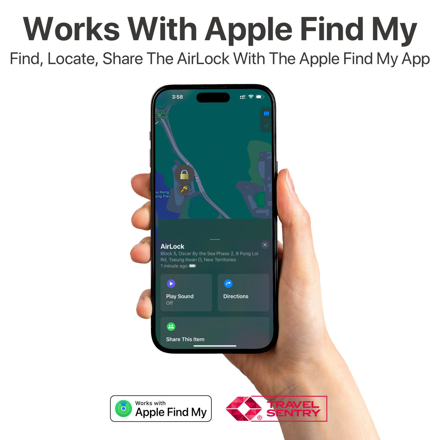 Hand holding smartphone displaying Apple Find My app tracking AirLock smart anti-loss TSA travel lock location map