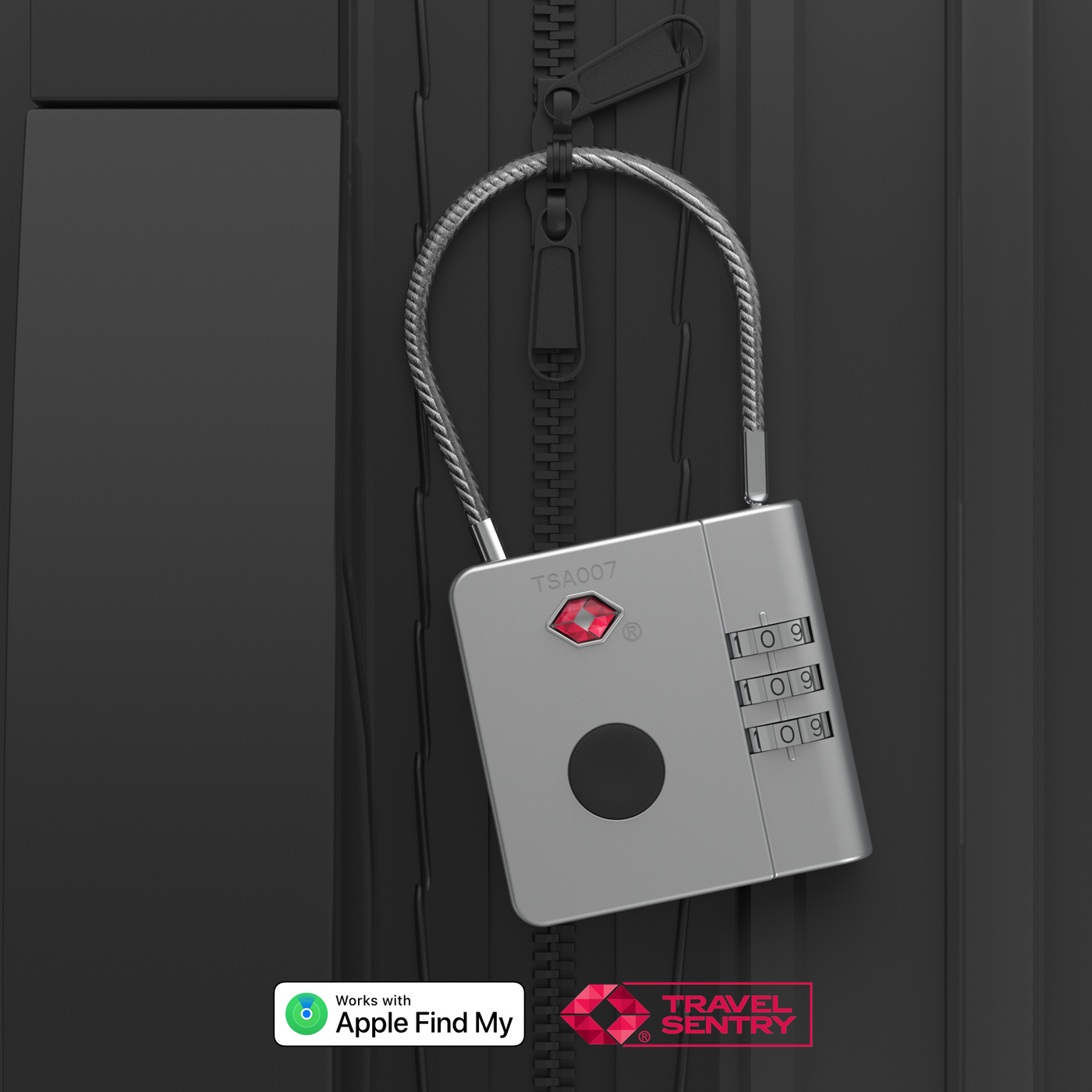 AirLock smart TSA travel lock with anti-loss feature and combination dials attached to black luggage zipper