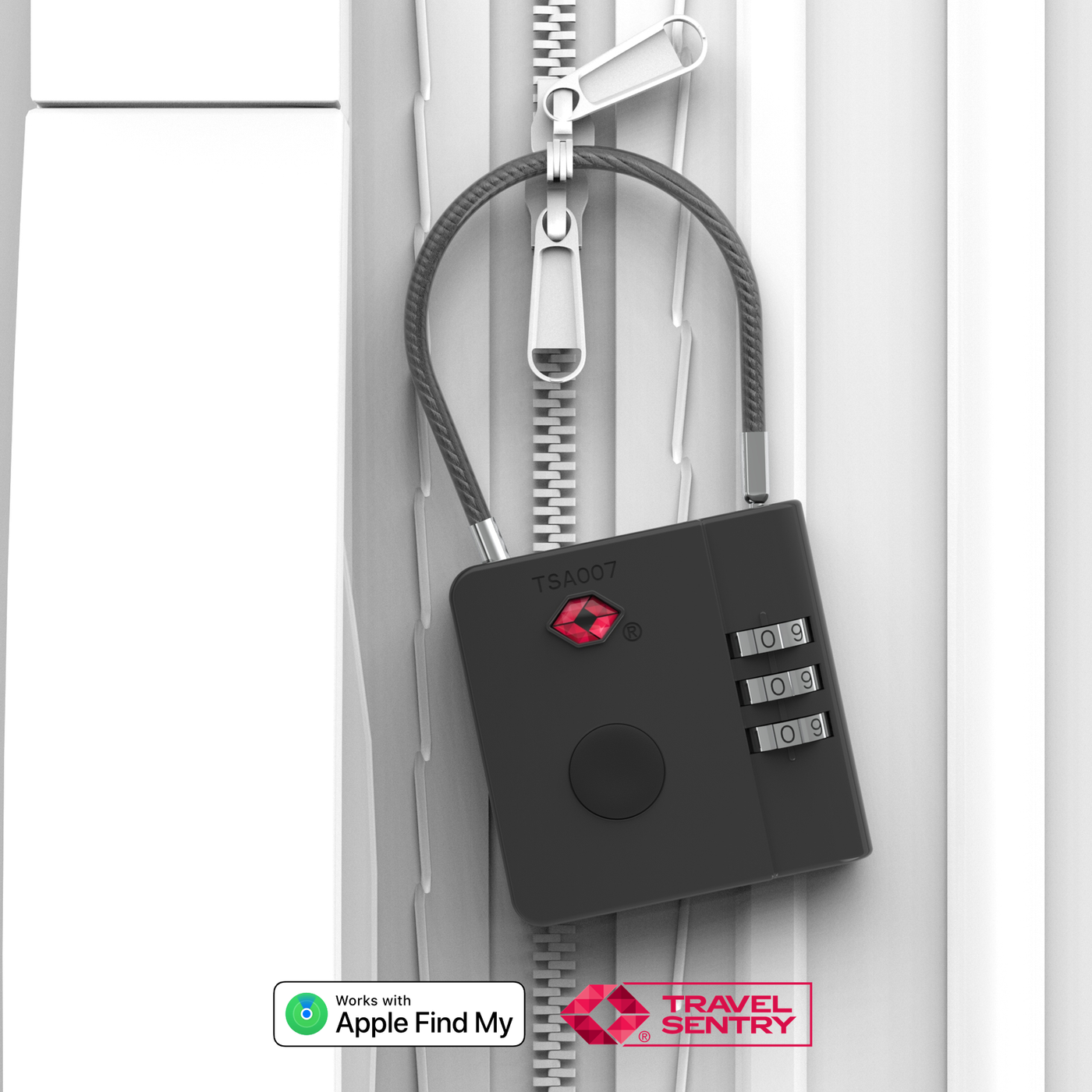 AirLock smart TSA travel lock with combination and Apple Find My compatibility attached to suitcase zipper