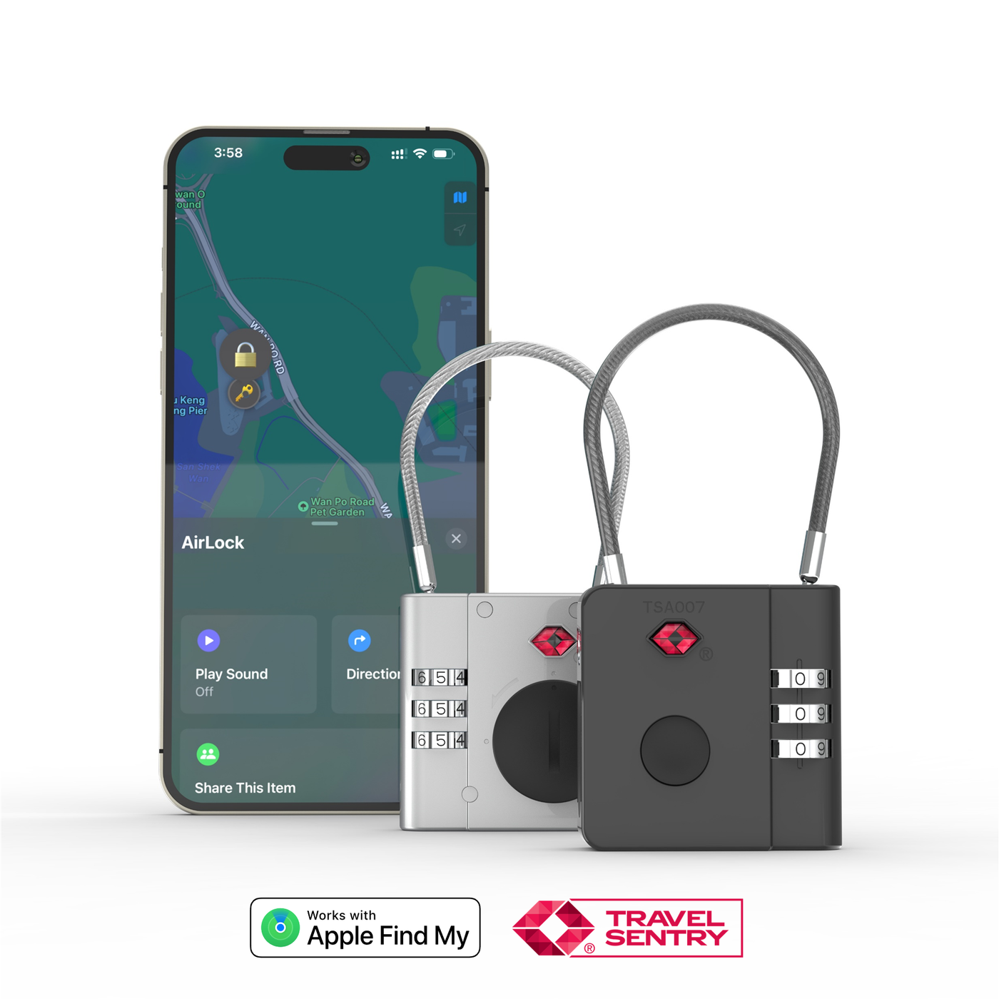 AirLock smart TSA travel lock with anti-loss feature, compatible with Apple Find My, shown with smartphone app and black and white locks.