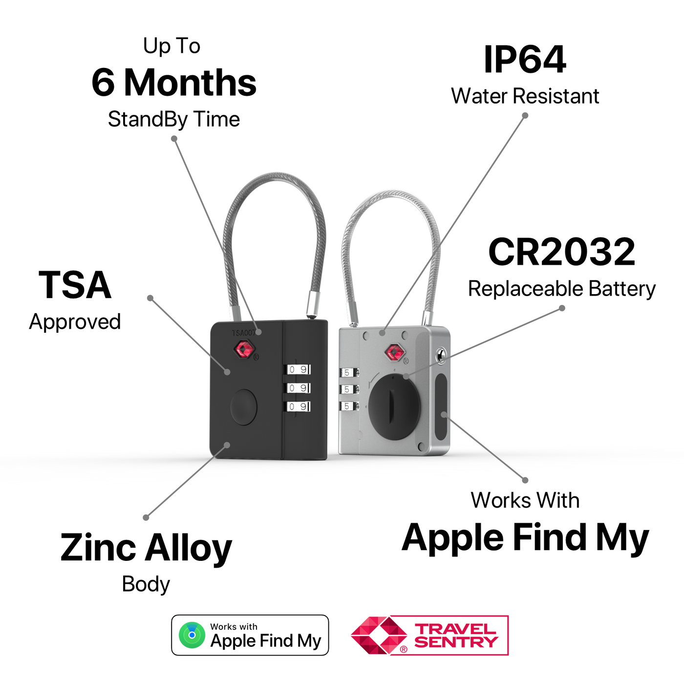 AirLock smart anti-loss TSA travel lock with zinc alloy body, IP64 water resistance, replaceable CR2032 battery, works with Apple Find My, up to 6 months standby time.