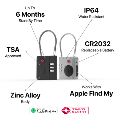 AirLock smart anti-loss TSA travel lock with zinc alloy body, IP64 water resistance, replaceable CR2032 battery, works with Apple Find My, up to 6 months standby time.