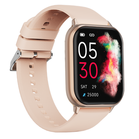 1.85" smartwatch with rose gold case, pink silicone strap, fitness tracker, heart rate and sleep monitor, Bluetooth calling, and colorful display