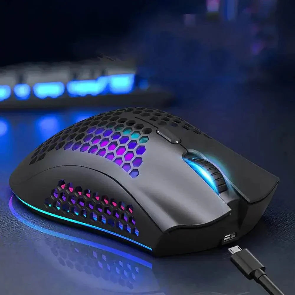 Wireless honeycomb ergonomic gaming mouse with RGB LED lighting and USB rechargeable wireless technology