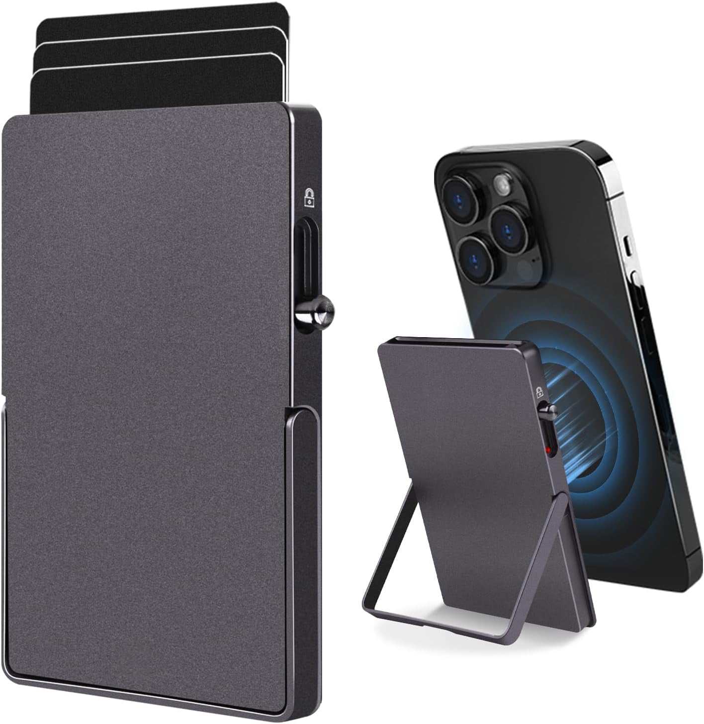Slim RFID blocking wallet metal card holder with magnetic pop-up and adjustable stand for iPhone Magsafe