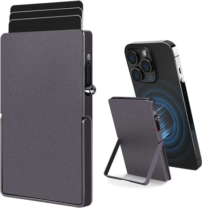 Slim RFID blocking wallet metal card holder with magnetic pop-up and adjustable stand for iPhone Magsafe