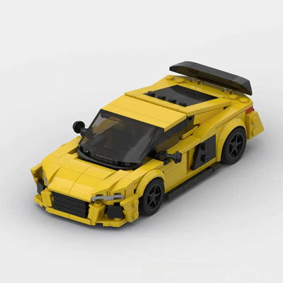 Yellow Audi R8 MOC racing build kit model compatible with LEGO bricks
