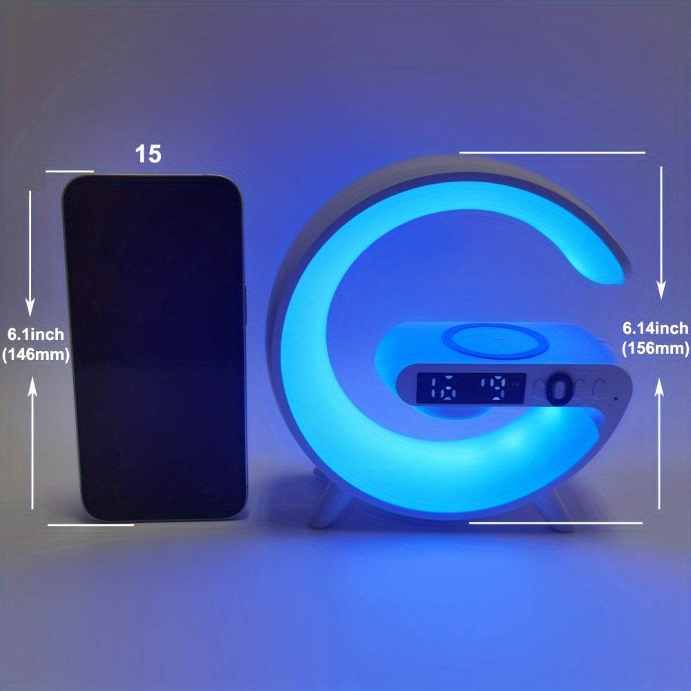 G shaped wireless charger stand with blue RGB night light and digital clock display next to smartphone showing size comparison