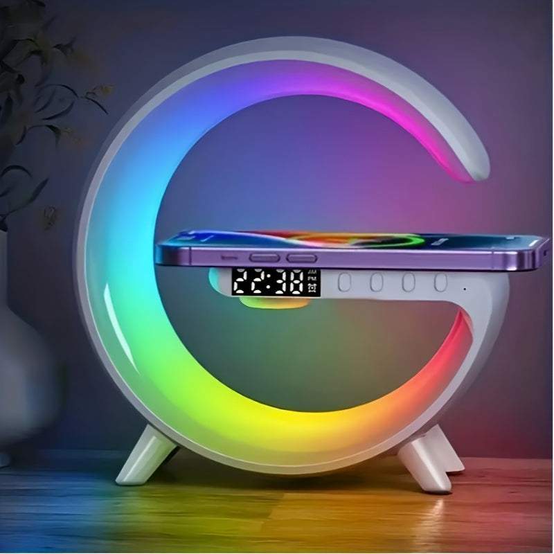 G shaped wireless charger stand with RGB night light, alarm clock, and phone charging dock