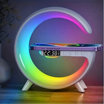 G shaped wireless charger stand with RGB night light, alarm clock, and Bluetooth speaker