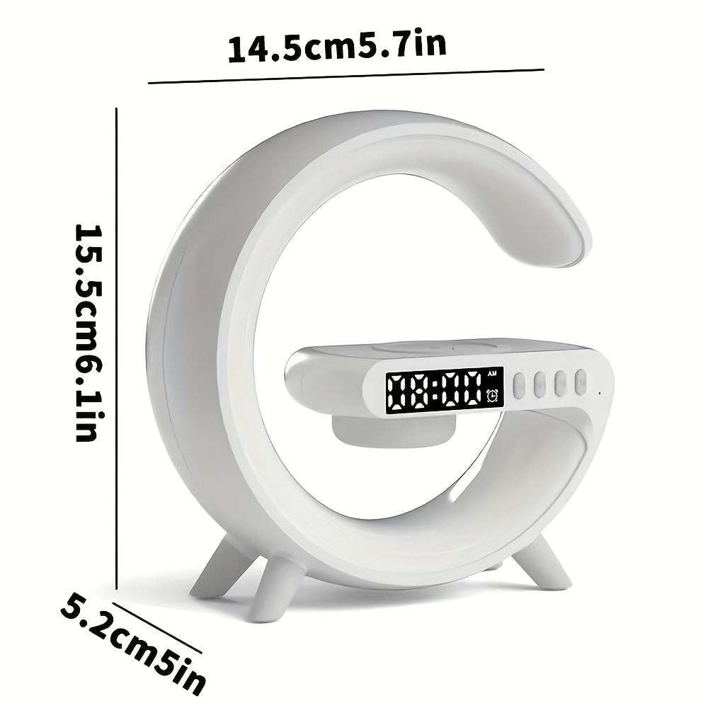 G shaped wireless charger stand with alarm clock, Bluetooth speaker, RGB night light, and fast charging station for iPhone Samsung Xiaomi