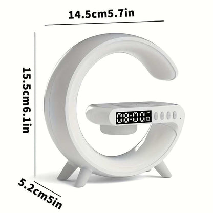 G shaped wireless charger stand with alarm clock, Bluetooth speaker, RGB night light, and fast charging station for iPhone Samsung Xiaomi