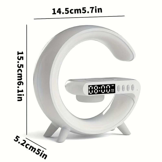 G shaped wireless charger stand with alarm clock, Bluetooth speaker, RGB night light, and fast charging station for iPhone Samsung Xiaomi