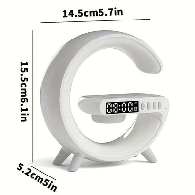 G shaped wireless charger with alarm clock and Bluetooth speaker in white design