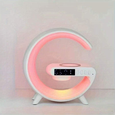 G shaped wireless charger stand with alarm clock, Bluetooth speaker, and RGB night light lamp