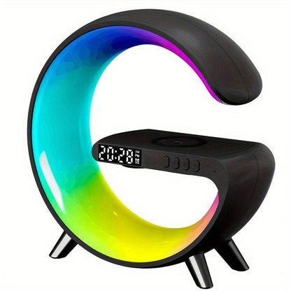 G shaped wireless charger stand with RGB night light, alarm clock, and Bluetooth speaker features