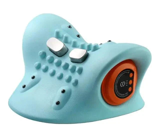 Blue ergonomic neck massager with adjustable settings and acupuncture point nodes for cervical spine relief