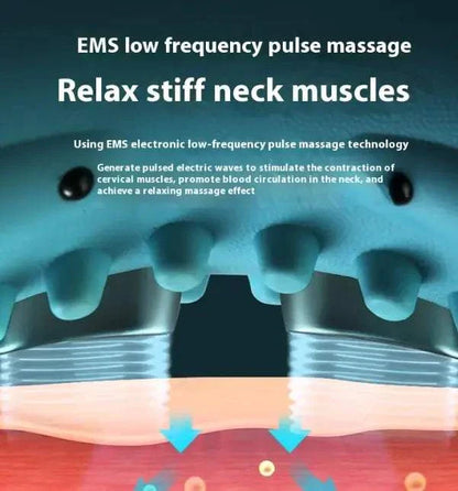 Close-up of neck massager applying EMS low-frequency pulse to relax stiff neck muscles and improve blood circulation