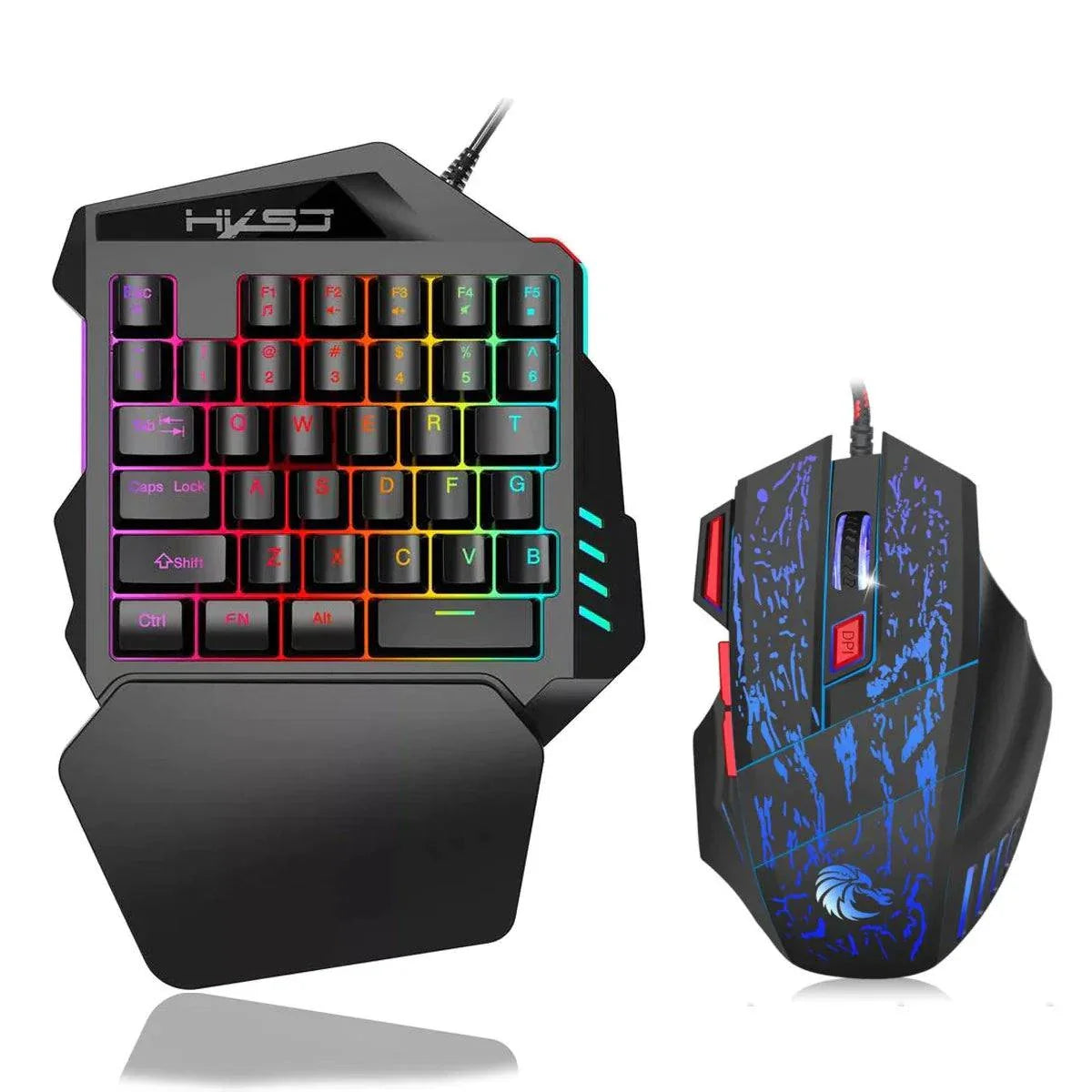 one handed mechanical gaming keyboard with RGB lighting and ergonomic mouse