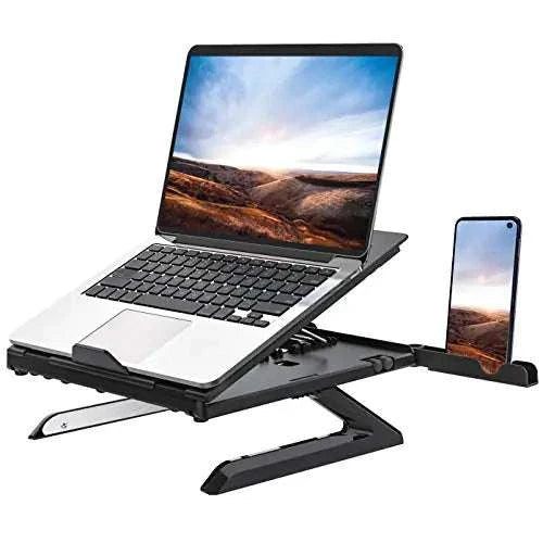 Multi-functional foldable laptop stand with adjustable height and phone holder in black aluminum base