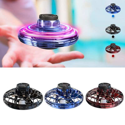 Mini fingertip gyro flying toy drone with RGB lights in black, blue, and red colors, interactive decompression spinner drone