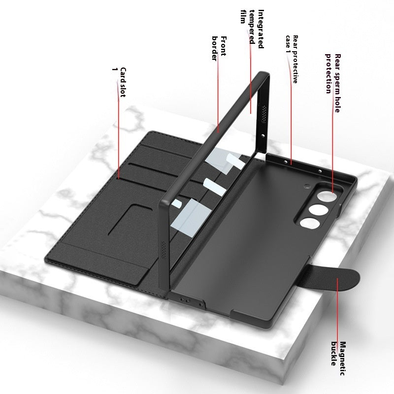 F Folding Phone Case Flip Leather Case showing interior features and card slots on a marble background.