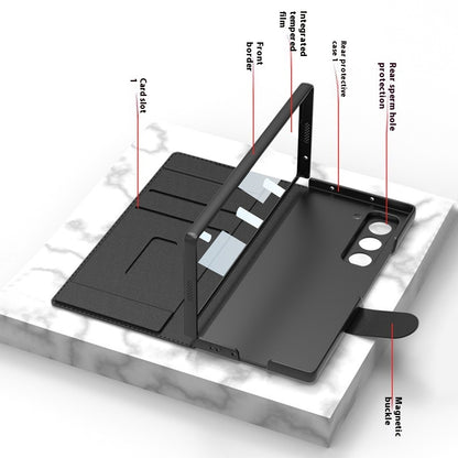 F Folding Phone Case Flip Leather Case showing interior features and card slots on a marble background.