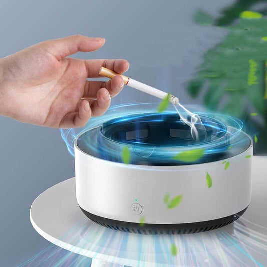 Smoke removal air purification ashtray releasing clean air with cigarette smoke in white design