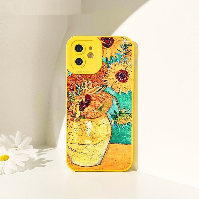 Sunflower iPhone 14 silicone phone case featuring Van Gogh-inspired sunflower design.