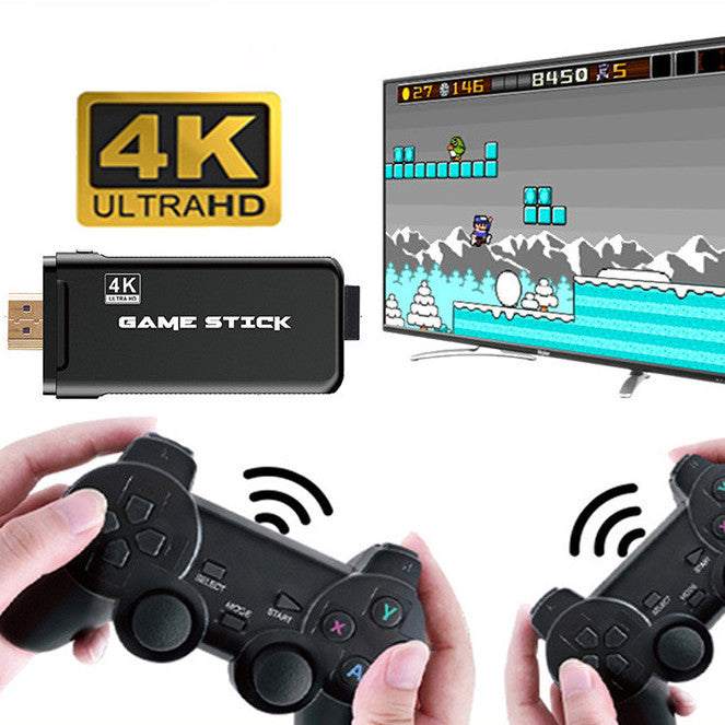 15000 games portable console with 4K game stick and two wireless controllers playing on TV