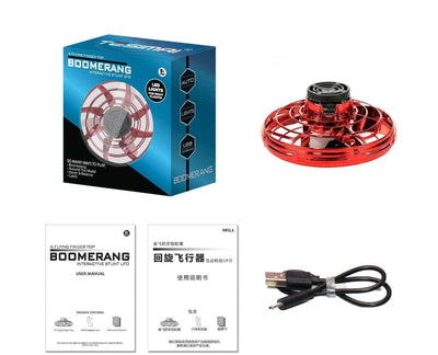 Mini Fingertip Gyro interactive flying toy drone with LED lights, USB charging, and boomerang design in red color