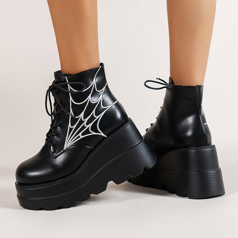 Black Martin Boots Fashion Spider Web Print Shoes Chunky Heel Boots For Women