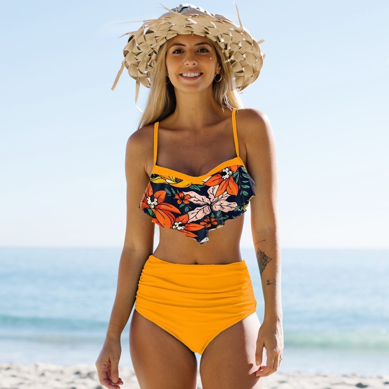 Split Bikini Pleated Pants Swimsuit