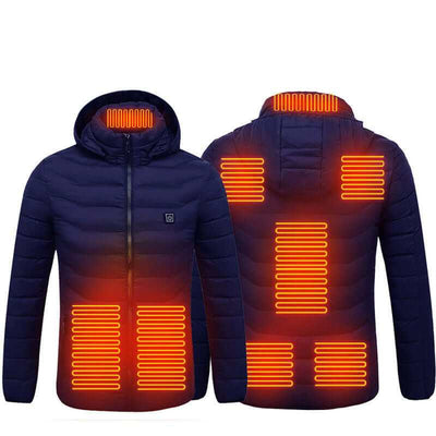 Heated Jacket Coat in blue, black, and red with 🔥hot heating zones for organic warmth control, stylish and lightweight design.