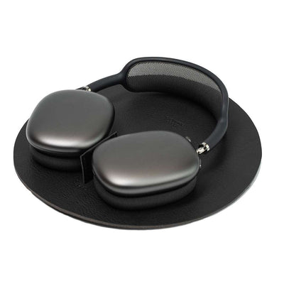 Black full-grain Italian leather AirPods Max rest station with smooth surface and charging channel