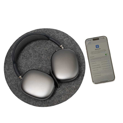 Leather AirPods Max Rest Station with full-grain Italian leather and low power mode activation shown with headphones and smartphone