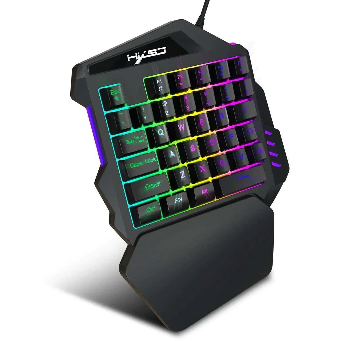 Compact one-handed mechanical gaming keyboard with RGB lighting and ergonomic wrist rest for fast, precise gameplay