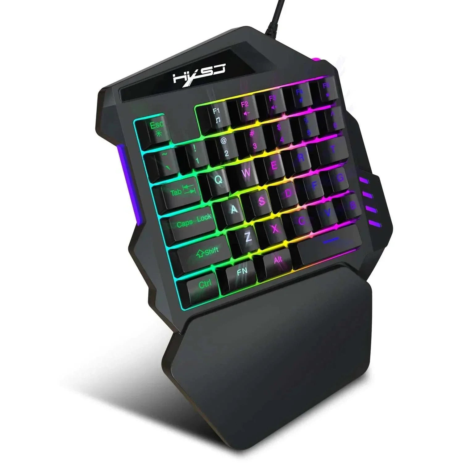Compact one-handed mechanical gaming keyboard with RGB lighting and ergonomic wrist rest for fast, precise gameplay