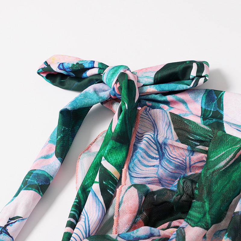 Split Mesh Three-piece Printed Bikini