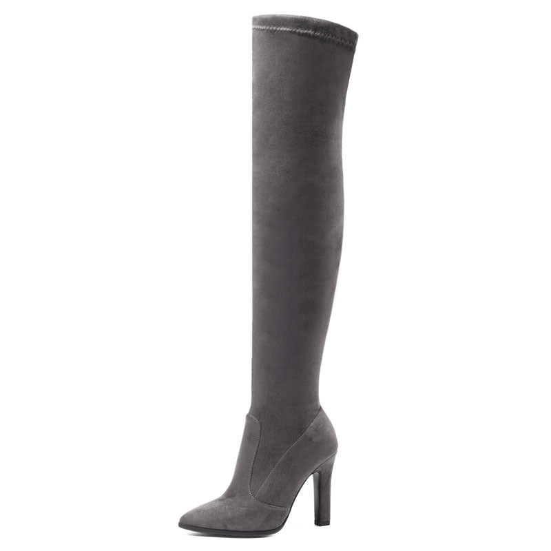 Women's Boots Suede Pointed Toe Chunky Heel Shoes High-heeled High Top Leg Repair Stretch Boots Boots