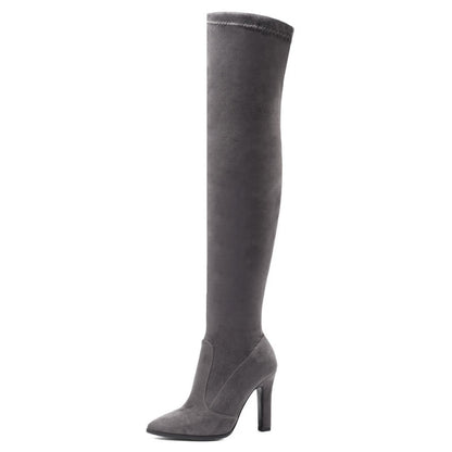 Women's Boots Suede Pointed Toe Chunky Heel Shoes High-heeled High Top Leg Repair Stretch Boots Boots