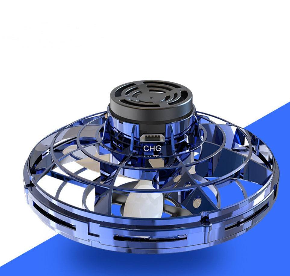 Blue mini fingertip gyro flying drone UFO toy with LED lights and USB charging port
