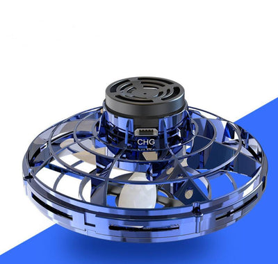 Blue mini fingertip gyro flying drone UFO toy with LED lights and USB charging port