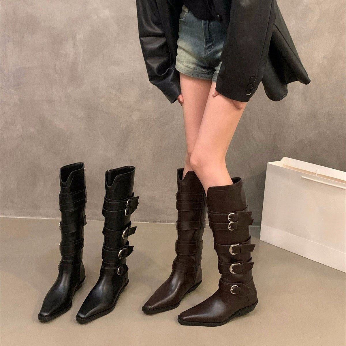 Chunky Heel Pointed Brown Maillard Boots Women's Shoes