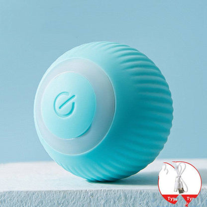 Rechargeable Gravity Electric Rolling Ball pet toy in blue silicone with USB charging cable