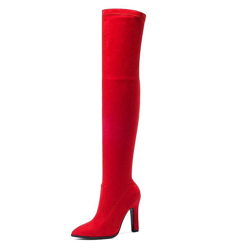 Women's Boots Suede Pointed Toe Chunky Heel Shoes High-heeled High Top Leg Repair Stretch Boots Boots