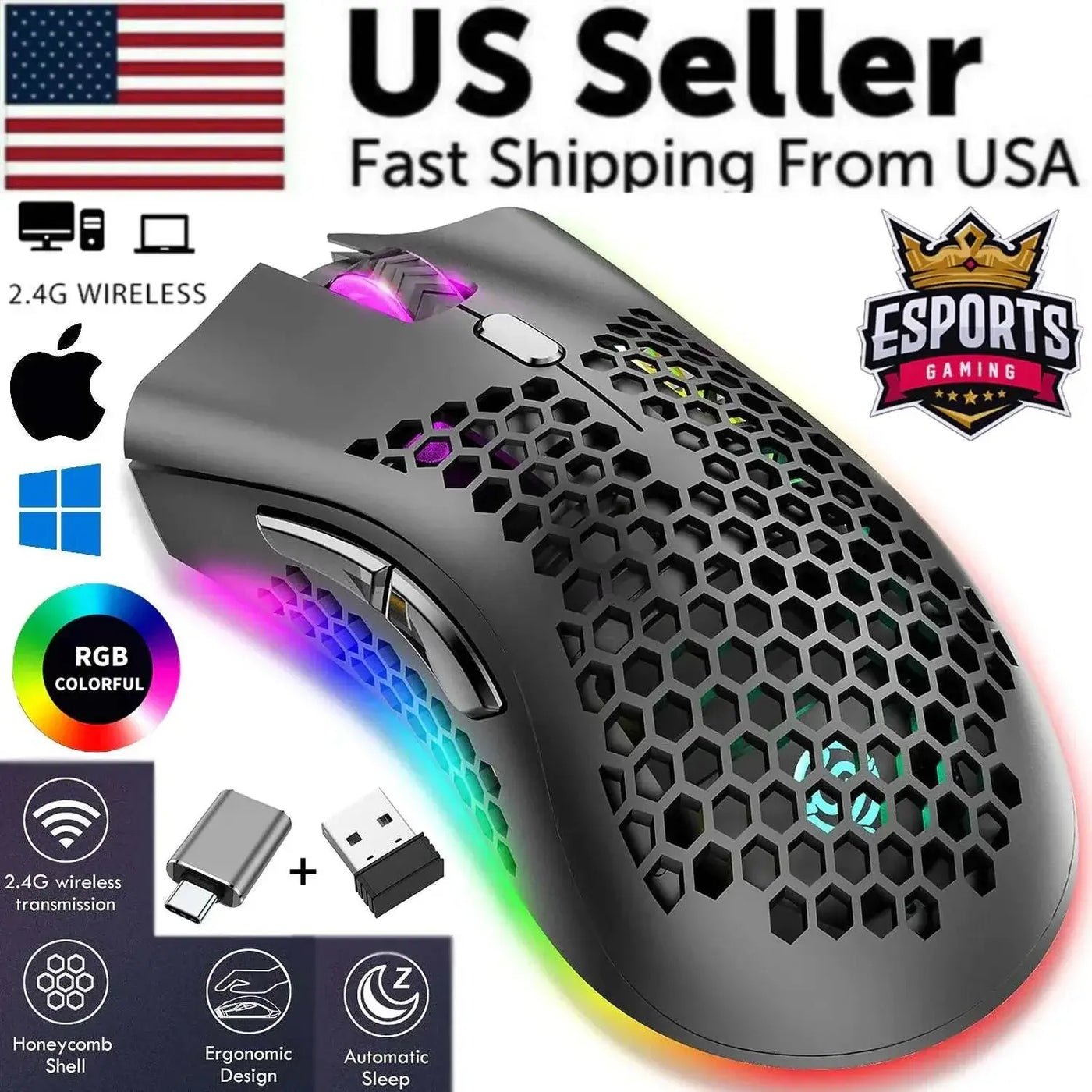 Wireless gaming mouse with honeycomb shell, RGB backlit, ergonomic design, adjustable DPI, rechargeable, and 2.4G wireless transmission.