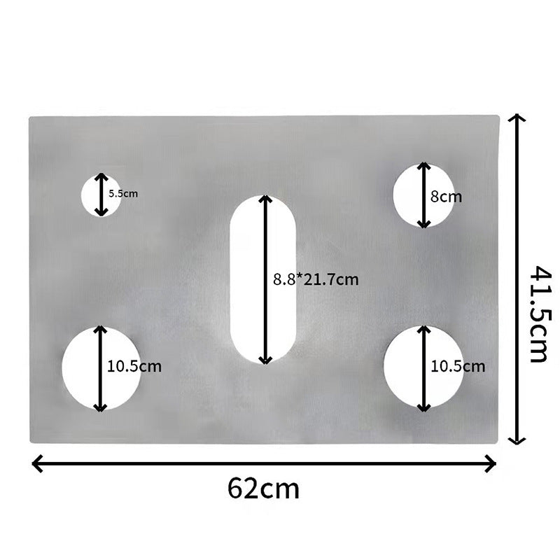 Five-hole Gas Burner Pad dimensions 62cm x 41.5cm with specified hole measurements for gas stove.