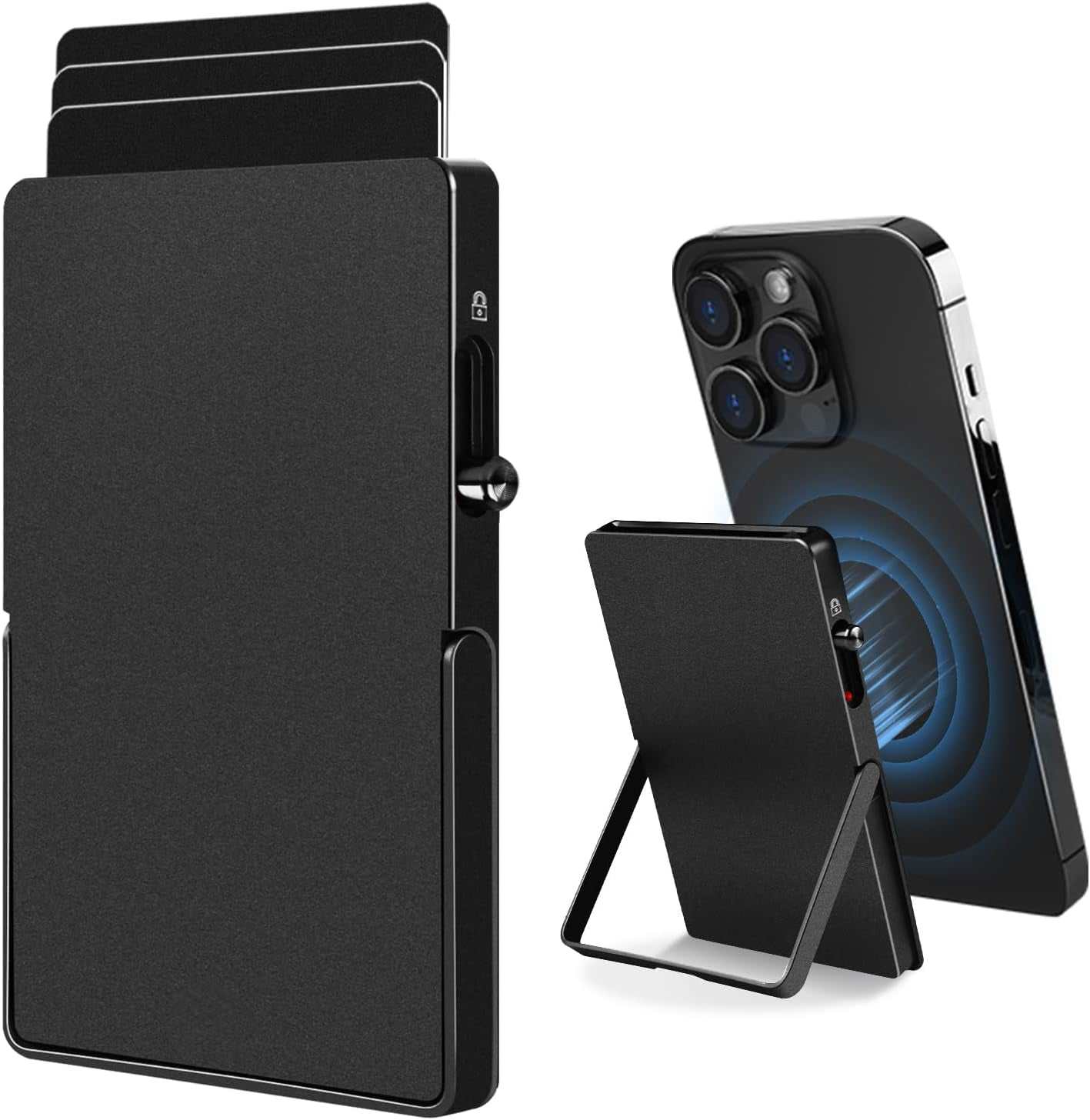 Slim black RFID blocking metal wallet with adjustable magnetic stand, compatible with iPhone 12 and above.